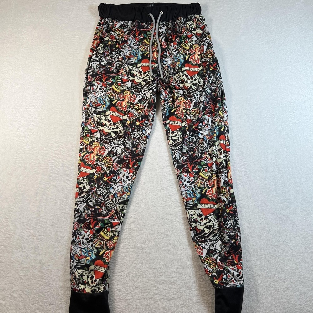 Ed Hardy Pajama Pants Mens Small Love Kills Skull Print Drawstring Lounge